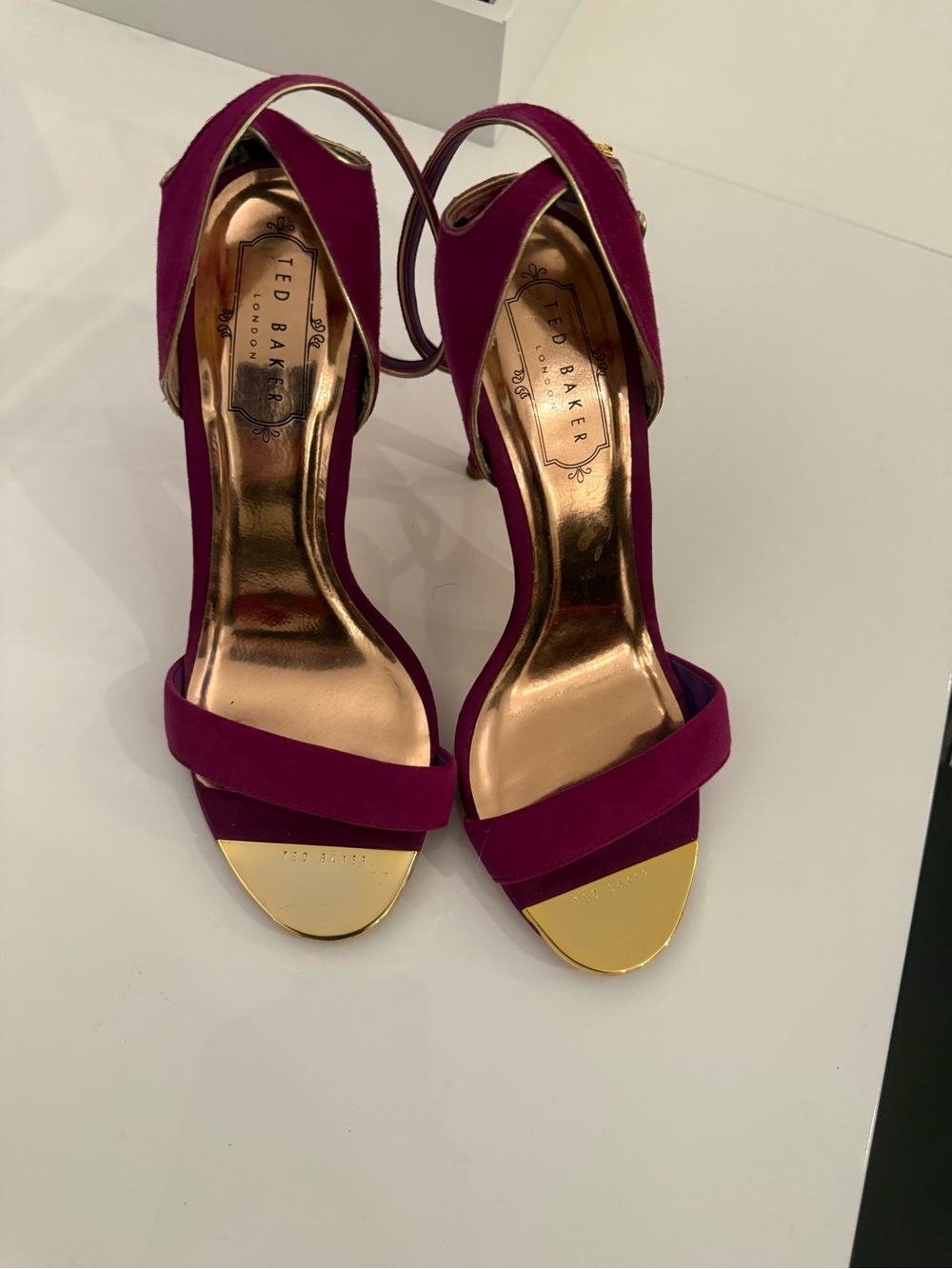 Ted Baker Magenta Suede Gold Accent Open-Toe Heels